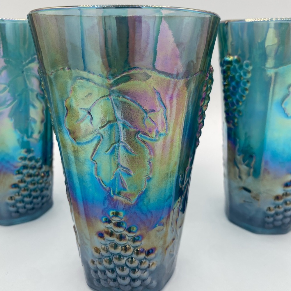 Vintage Indiana Carnival Glass Colony Harvest Grape Blue Tumblers Set Of 4 - Picture 3 of 5